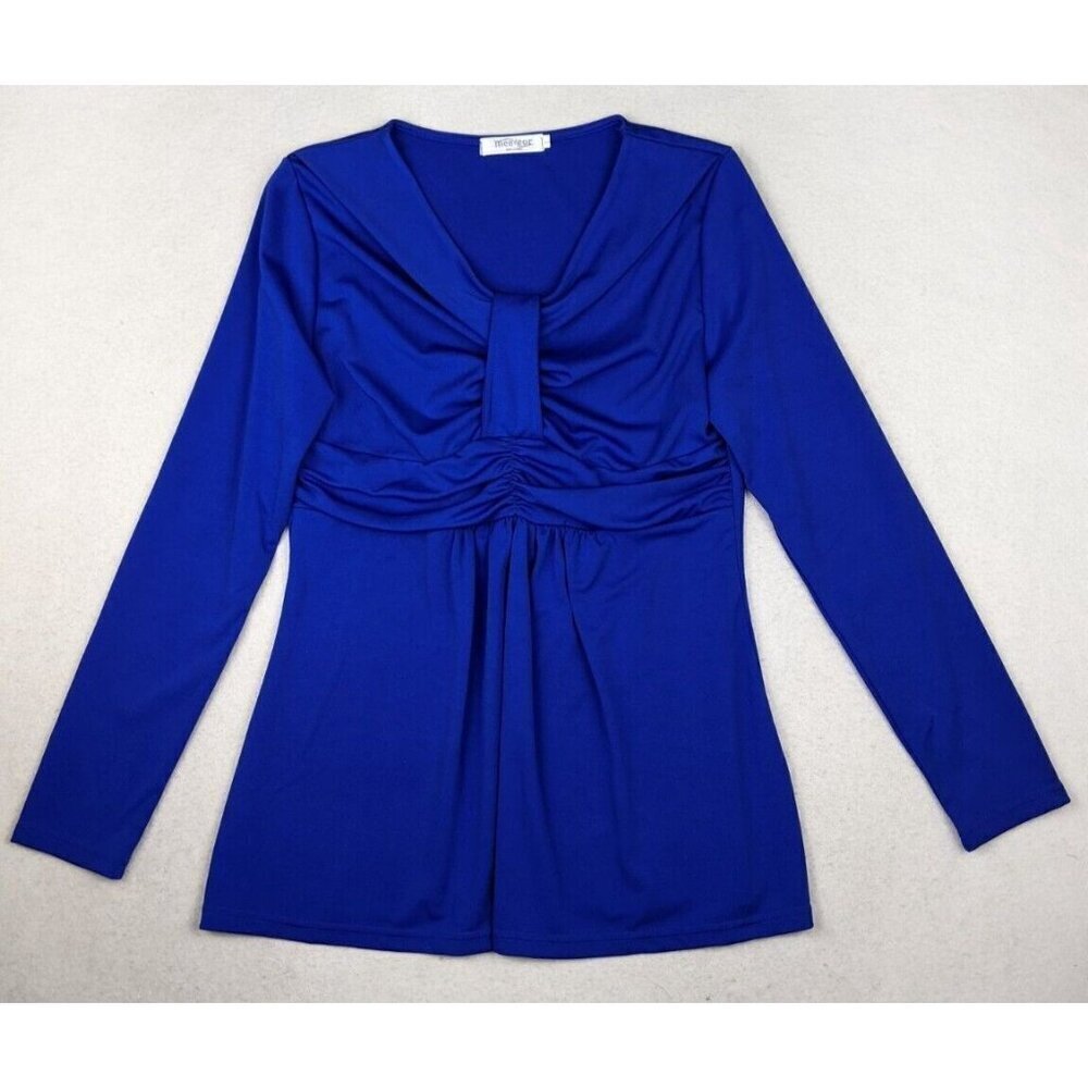 MEASEOR - WOMEN'S BLUE LONG SLEEVE STRETCH KNIT TOP - SIZE L